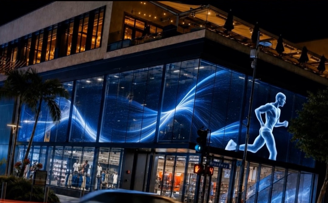 Transparent LED storefront facade glowing at night while the store stays visible behind the glass