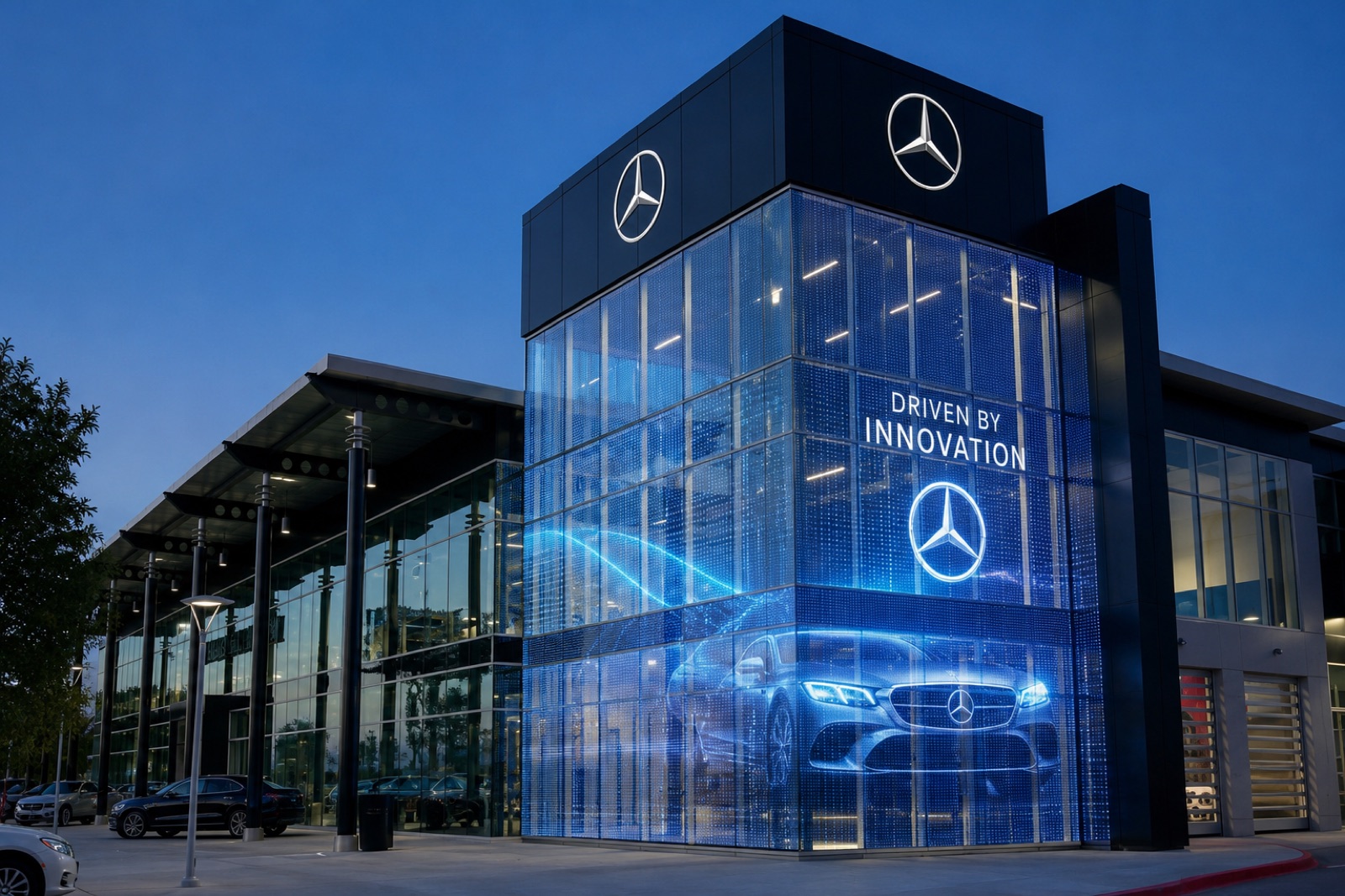 Concept visualization: transparent LED glass tower on a luxury automotive dealership at dusk