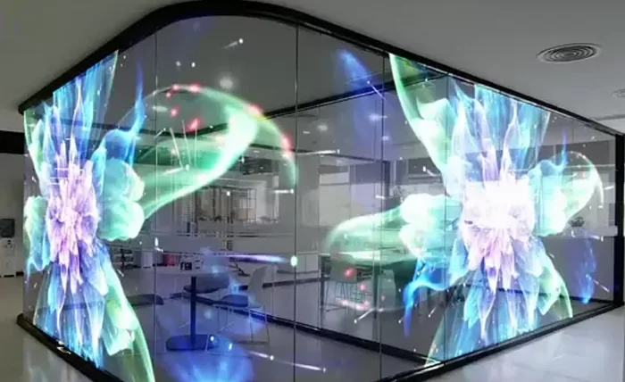 Transparent LED film applied to interior glass walls